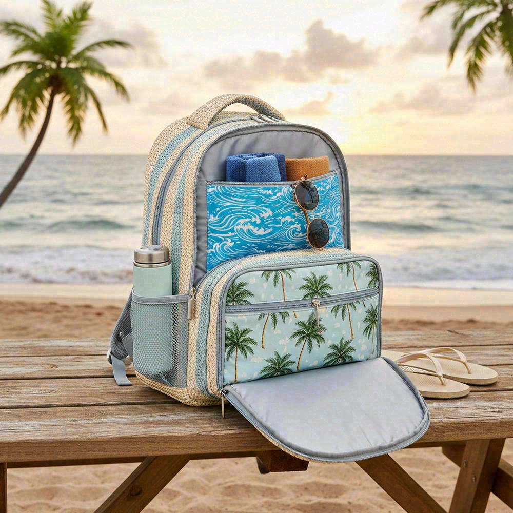 Beach backpack with insulated cooler pocket showing liner and dry compartment separation