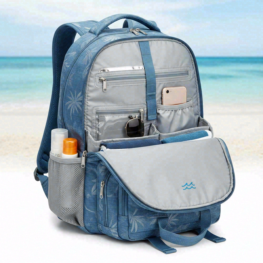 Beach backpack interior showing organized compartment system