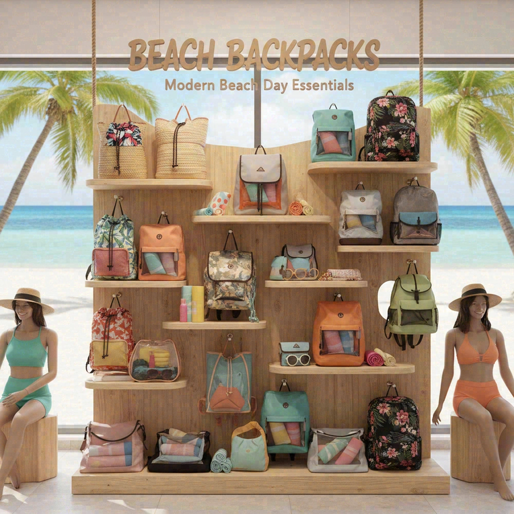 Beach backpacks displayed in retail store environment