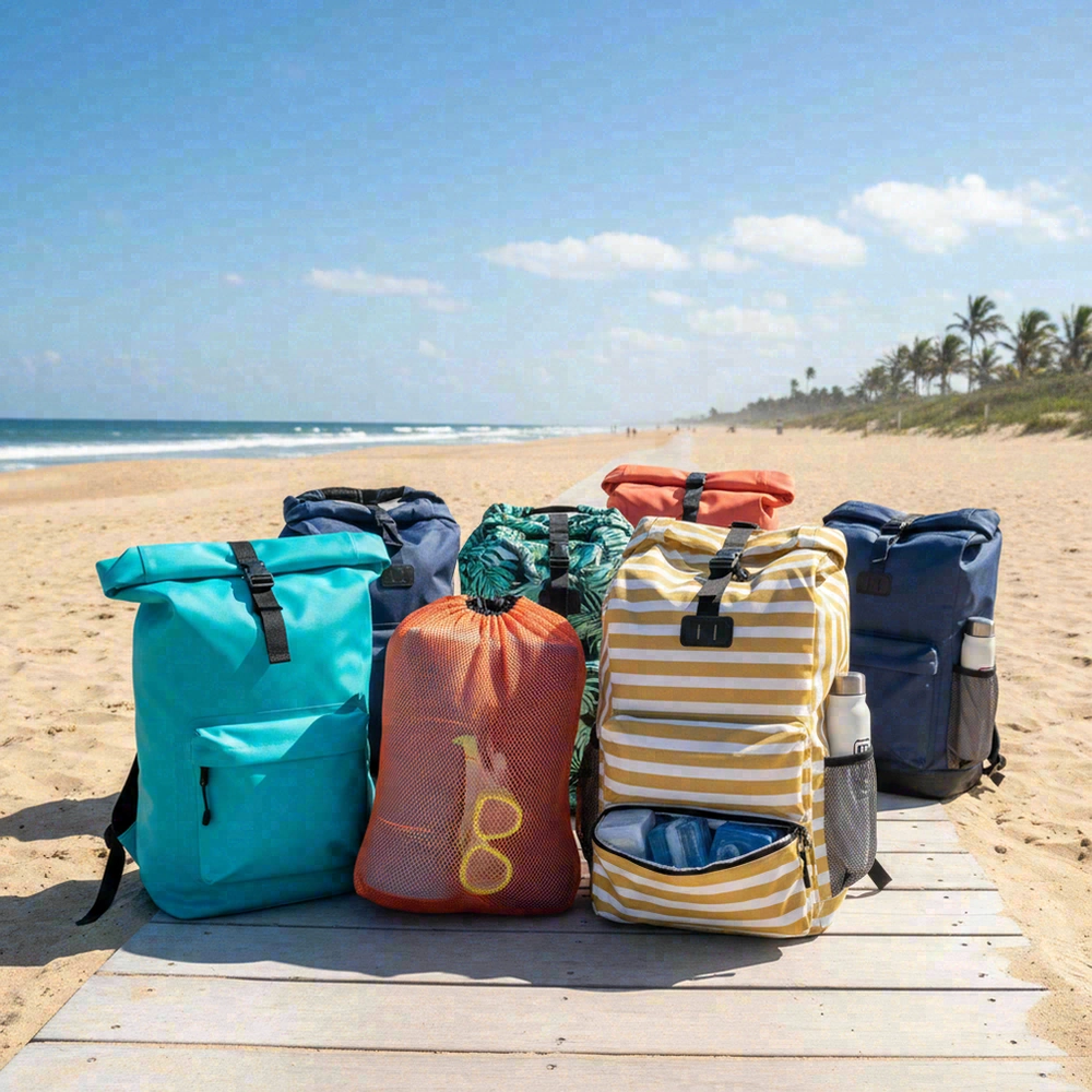 Beach backpack styles for wholesale showing coated waterproof, mesh, and cooler compartment variations