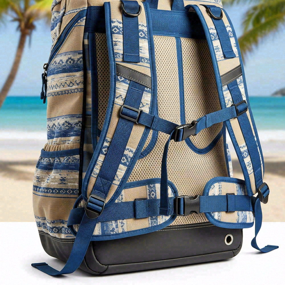 Close-up of reinforced beach backpack construction details