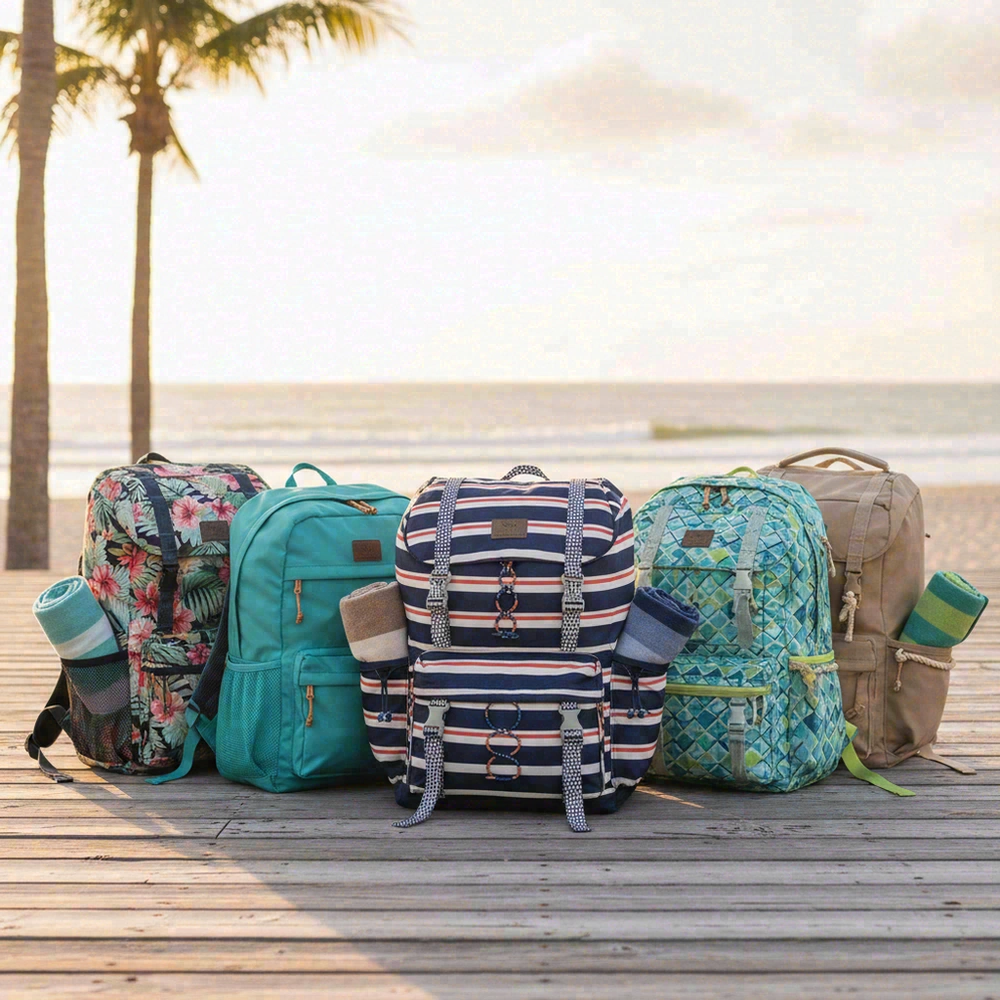 Large-capacity beach backpack for families with towel straps and lash points