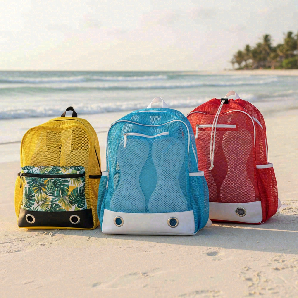 Mesh beach backpack with breathable panels and drainage grommets