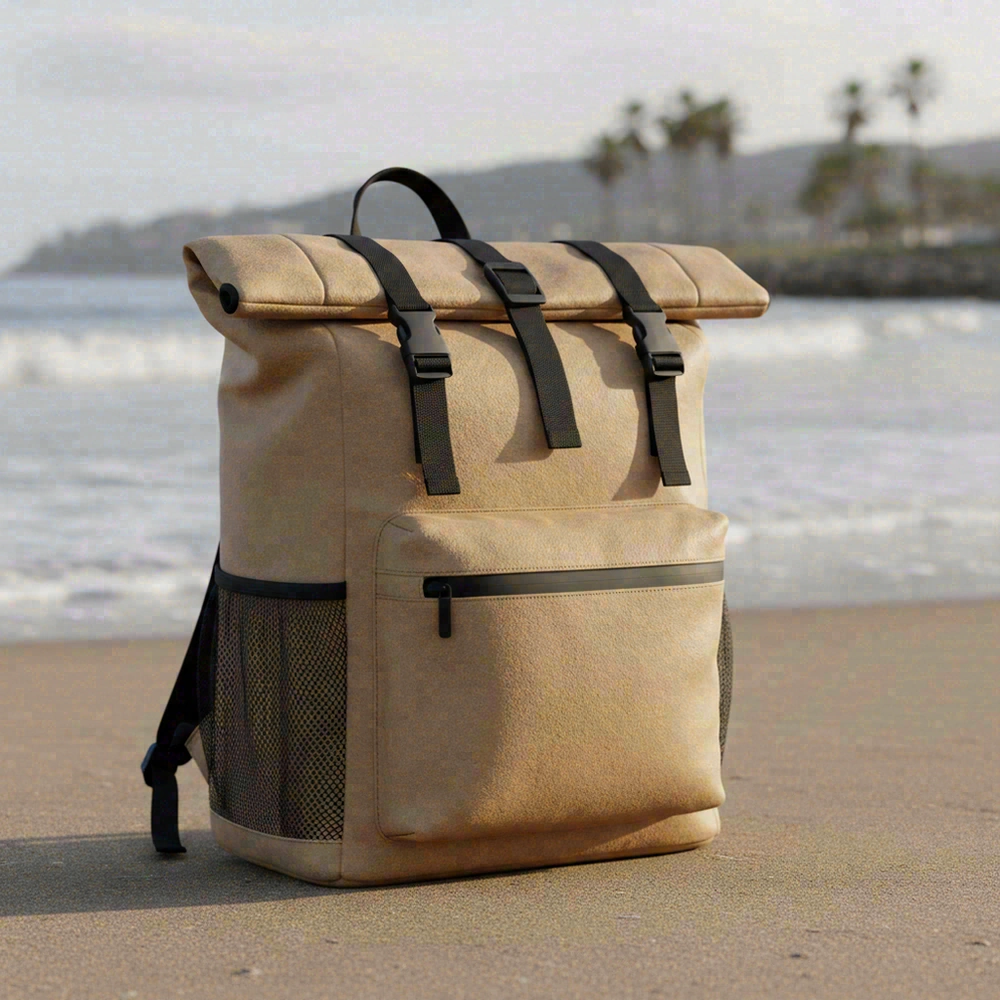 Waterproof beach backpack in coated fabric with roll-top closure