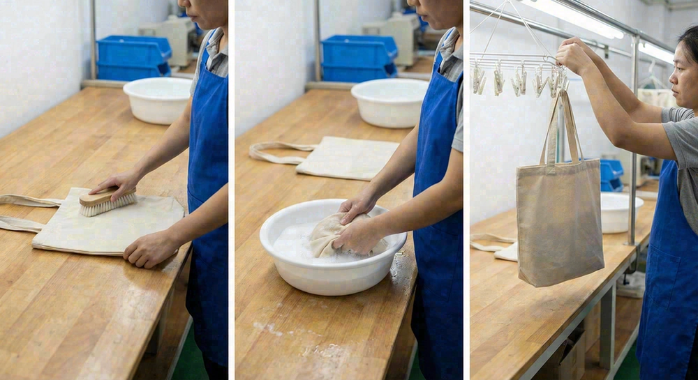 Cleaning canvas beach bag step by step