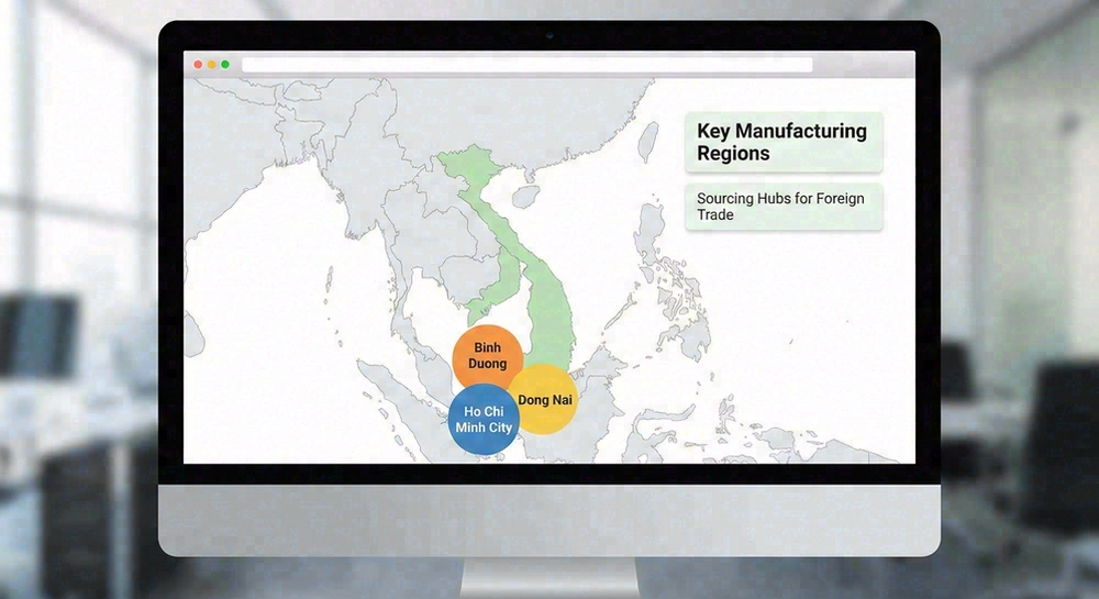 Map of Vietnam showing Ho Chi Minh City, Binh Duong, and Dong Nai manufacturing regions