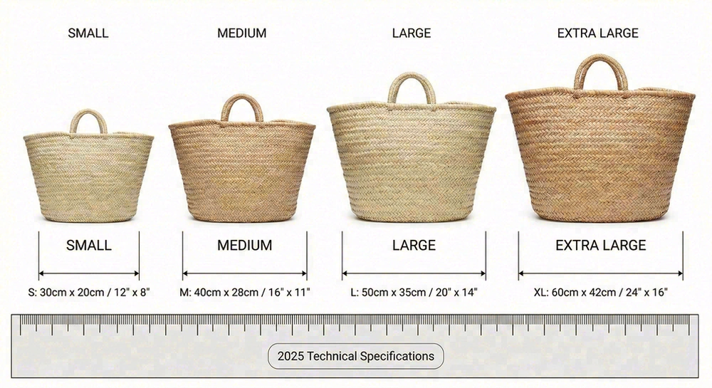 Beach bag size comparison chart showing small, medium, large, and extra large dimensions