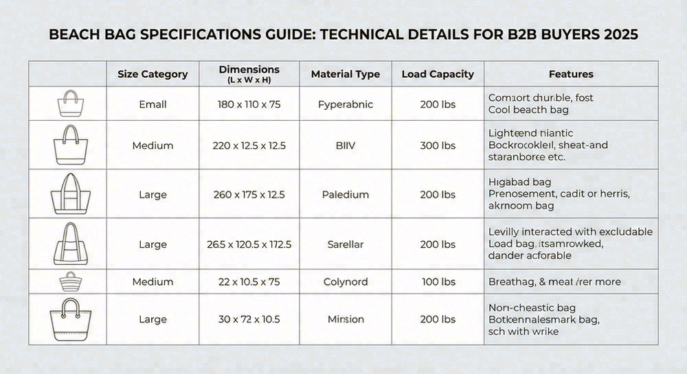 Beach bag size specifications chart