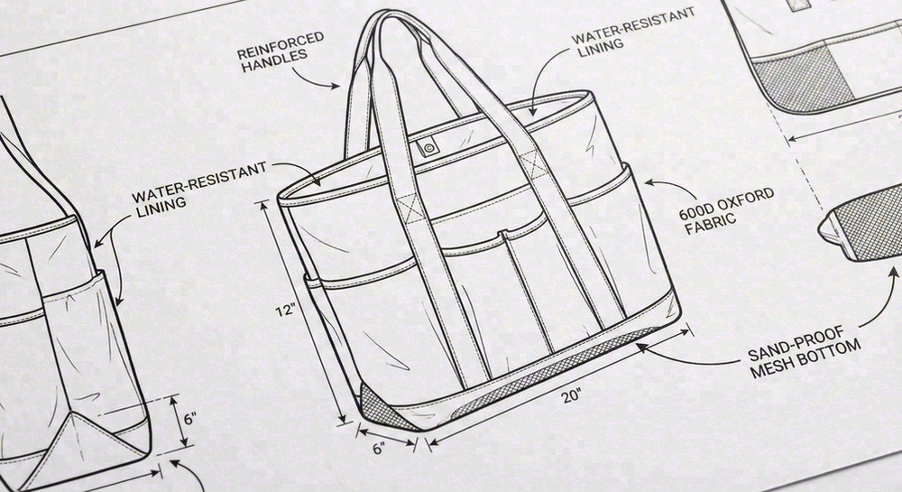 Beach bag technical specifications diagram
