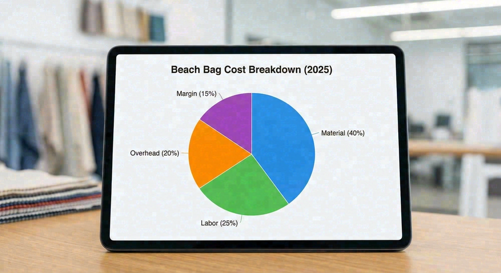 Beach bag cost breakdown pie chart showing material, labor, overhead, and margin percentages