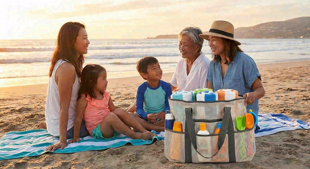 Family at beach with large organized beach bag