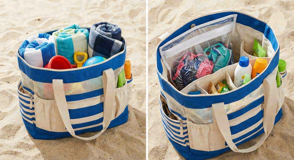 Family beach bag with organization features visible—multiple pockets, compartments, wet bag