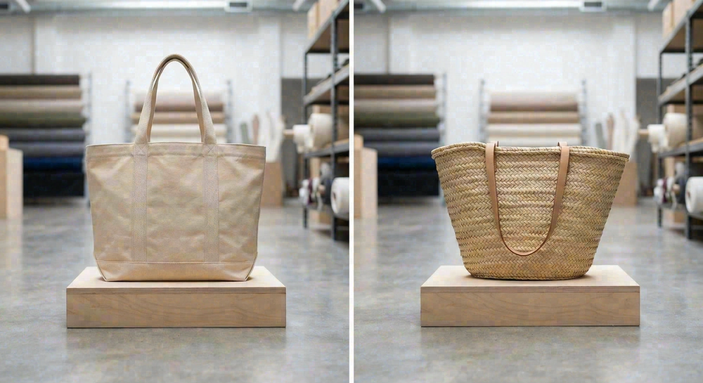 Canvas and straw beach bags side by side comparison