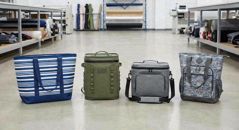 Four insulated beach bag styles side by side—tote, backpack, soft cooler, hybrid