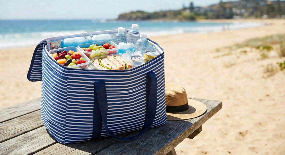 Insulated beach cooler bag with food and drinks