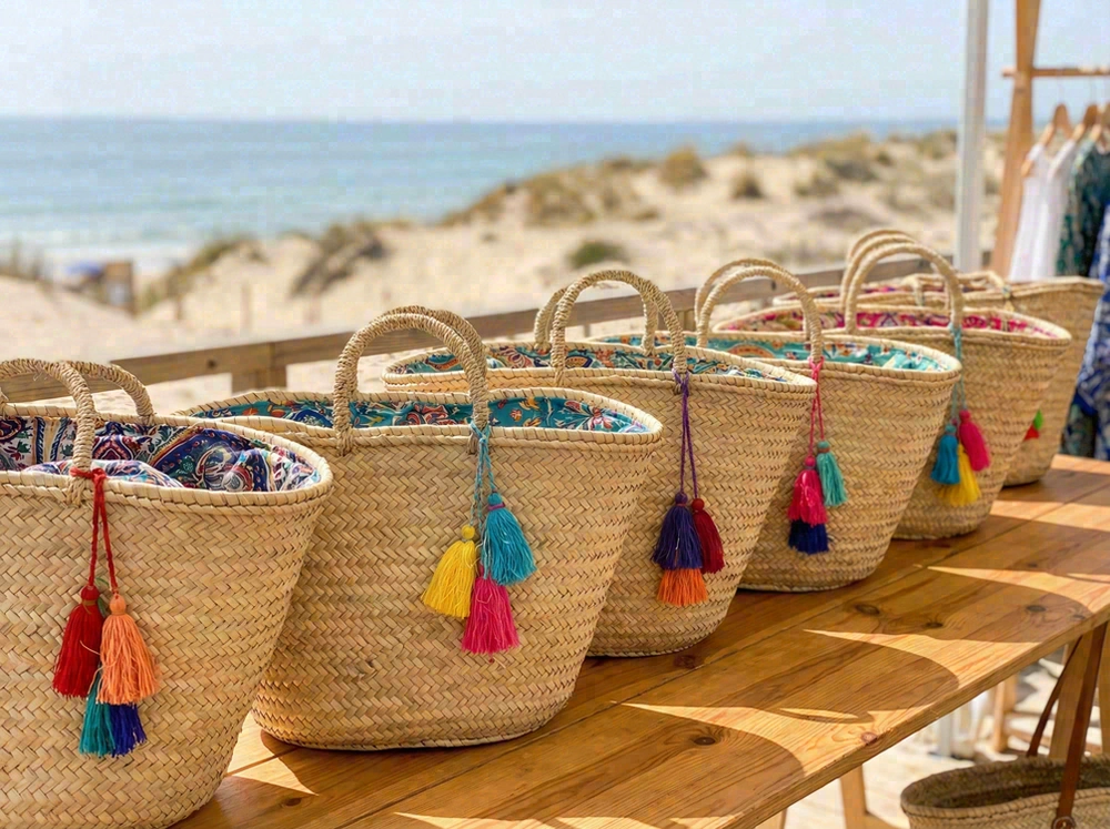Handwoven straw beach bags with bohemian vacation style