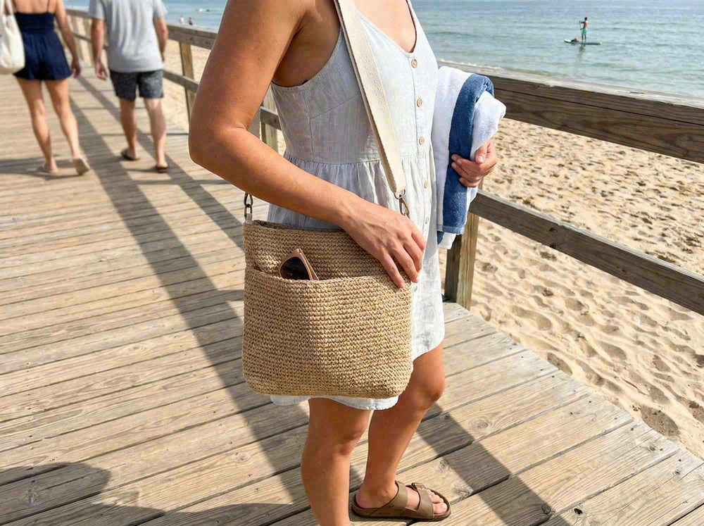 Crossbody beach bags displayed in lifestyle photoshoot setting
