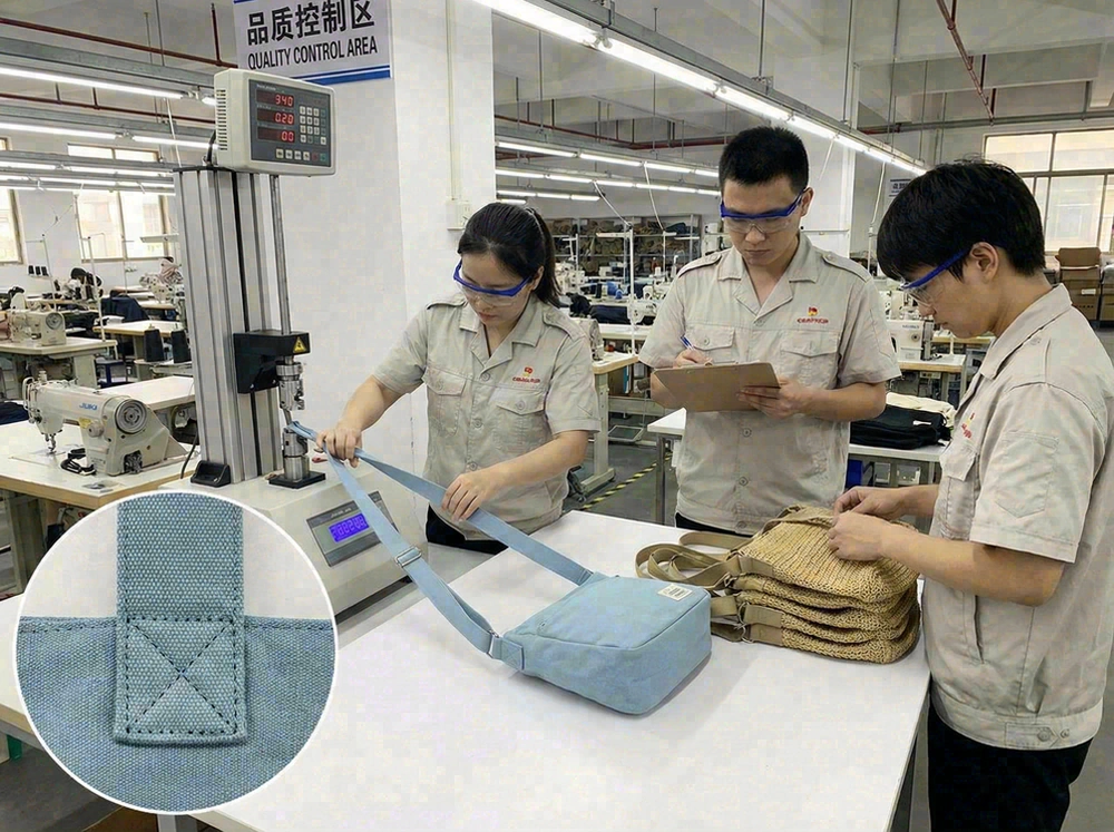Quality assurance team performing strap stress testing on crossbody bags