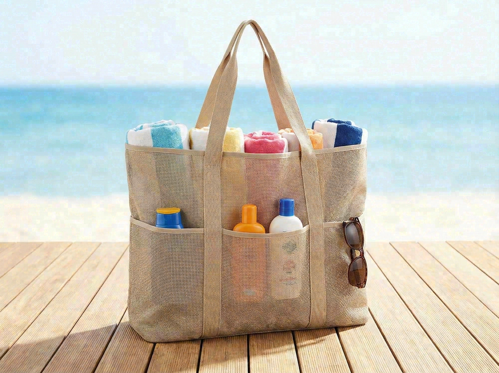 Large mesh beach bag with pockets