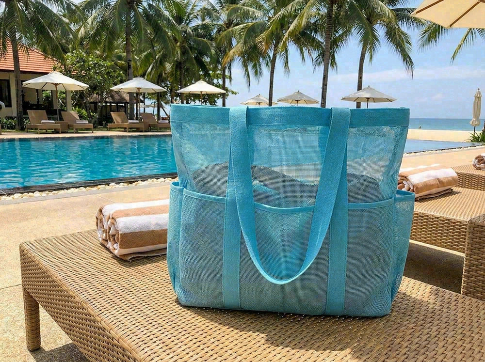 Large mesh beach bag with pockets for retail