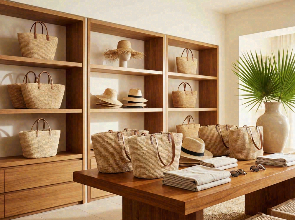 Raffia bags in resort retail use