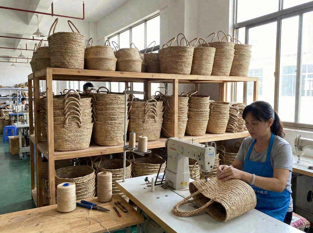 Woven straw beach bag basket style