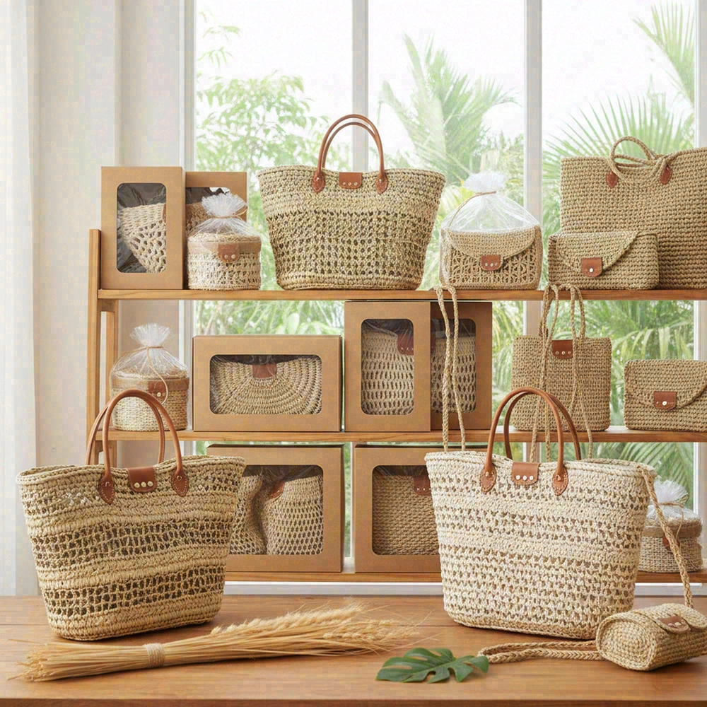 Eco-friendly straw bag retail packaging