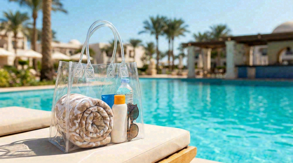 clear tote bag used at resort pool