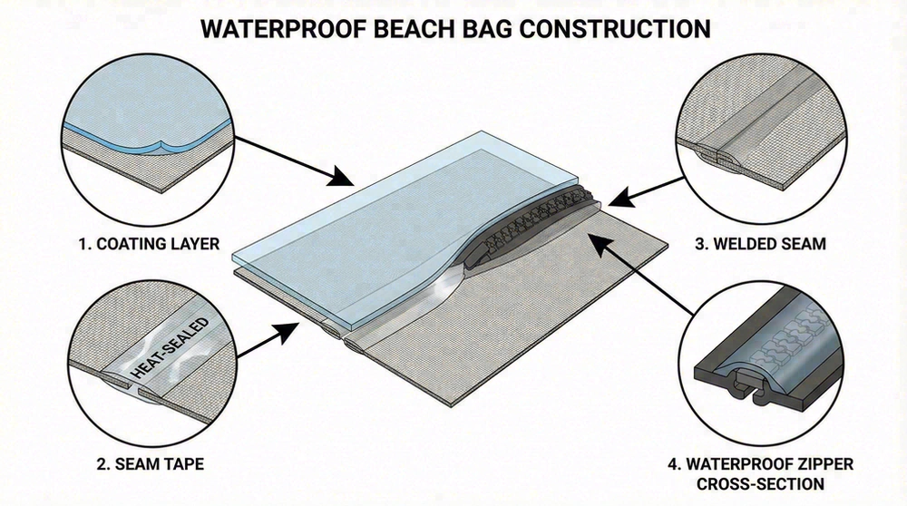 Waterproof beach bag construction diagram showing coating layer, seam tape, welded seam, and waterproof zipper cross-section
