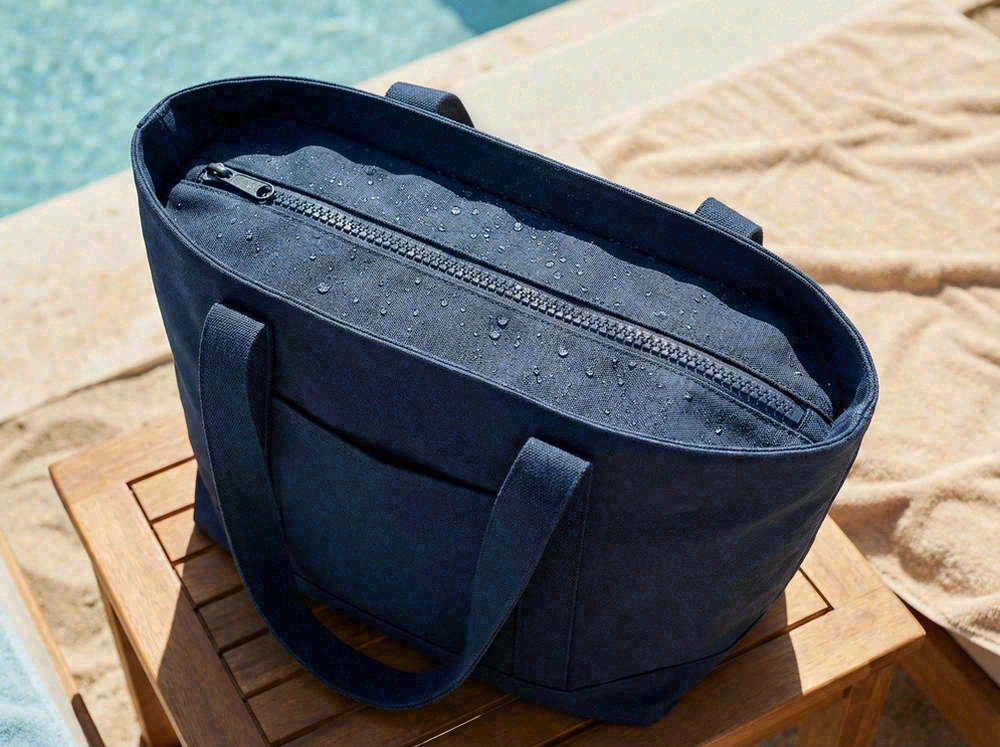 Large waterproof beach tote with zipper closed and water beading on surface