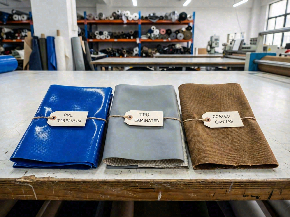 Waterproof beach bag material options showing PVC tarpaulin, TPU laminated fabric, and coated canvas swatches