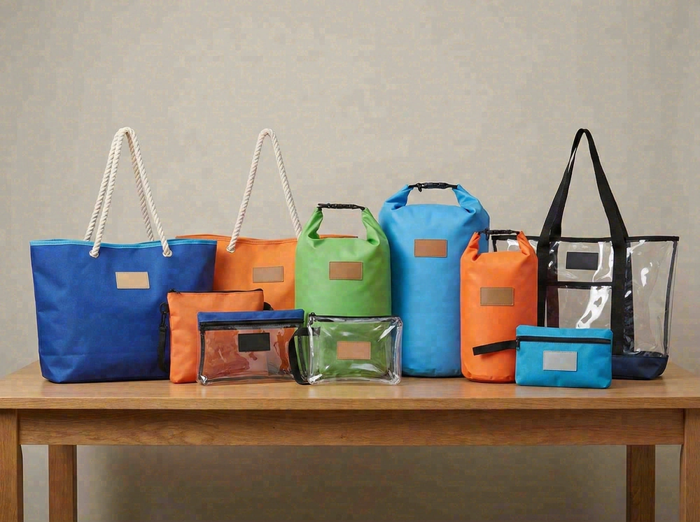 Custom waterproof beach bags wholesale lineup showing multiple styles and colorways with branding areas