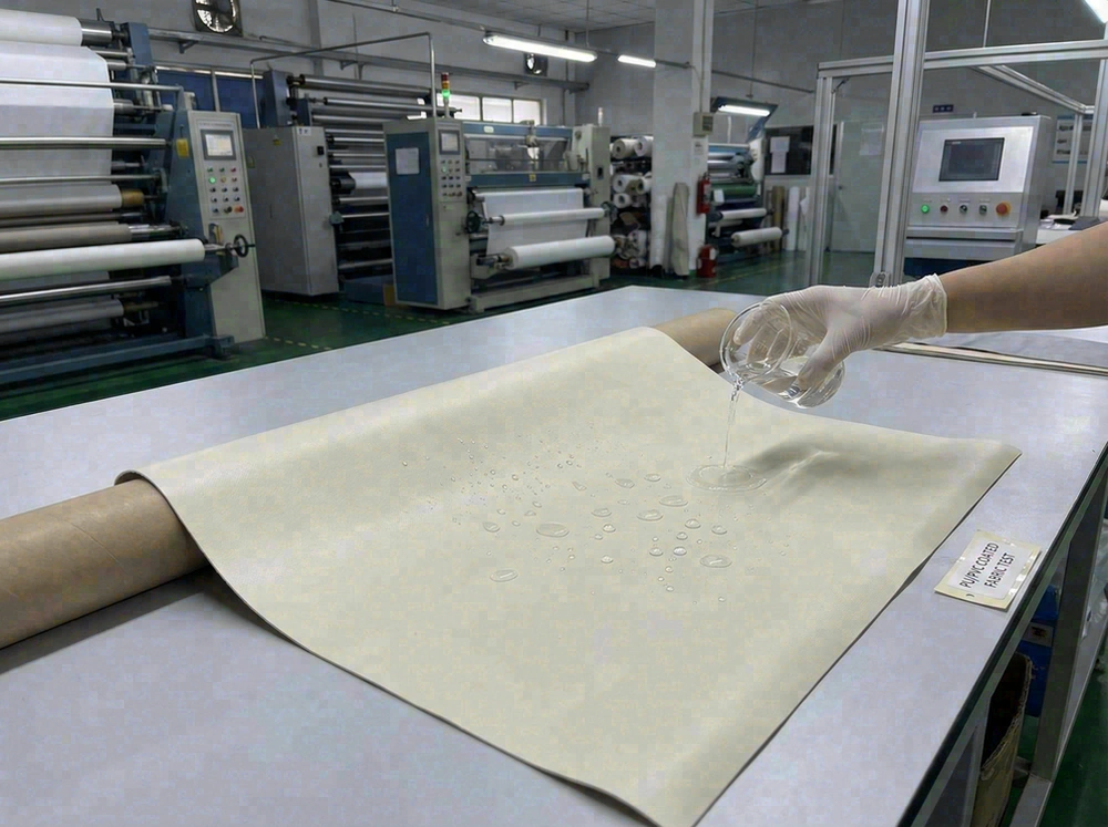 PU and PVC coating applied to beach bag fabric showing water resistance