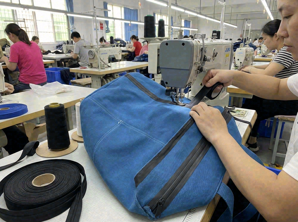 Seam tape application and waterproof zipper installation on beach bags