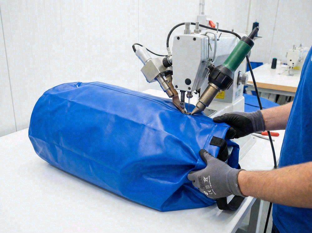 Heat welded PVC tarpaulin seams for waterproof dry bag construction