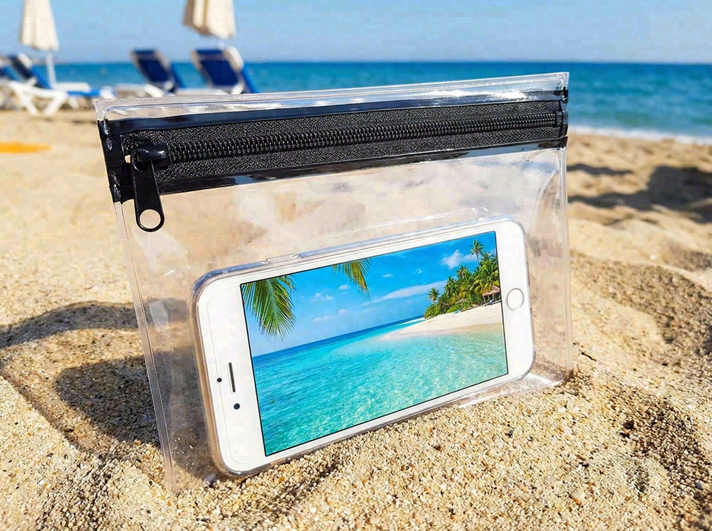 Waterproof beach bag pouch with phone inside showing clarity and zipper detail