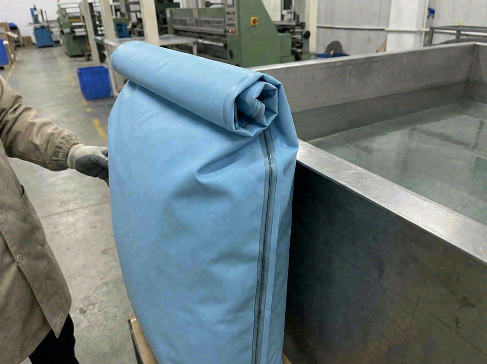 Welded waterproof beach bag with roll-top closure near water showing welded seam line