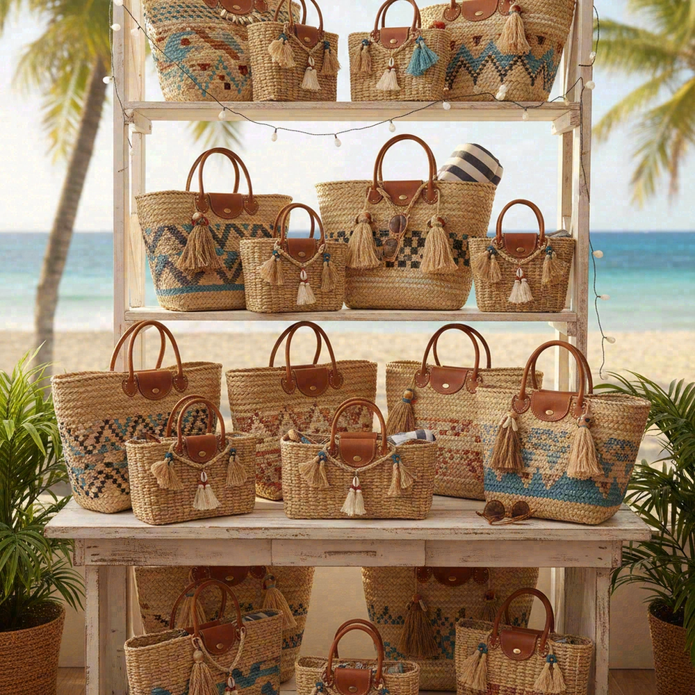 Boutique summer capsule merchandising with wicker beach bags
