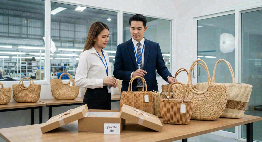 Private label wicker bag collaboration and seasonal gifting presentation