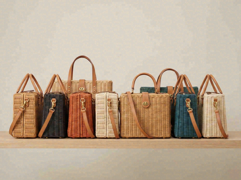 Wicker bags in various colorways with coordinated leather trims and hardware