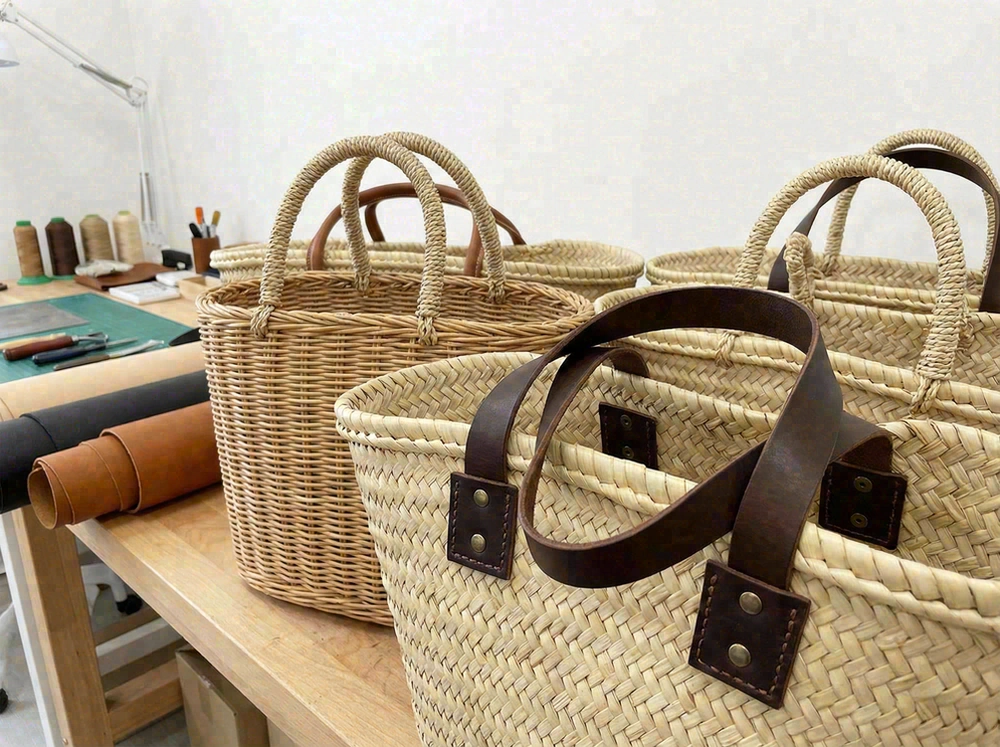 Reinforced handle attachments and leather strap options on wicker bags