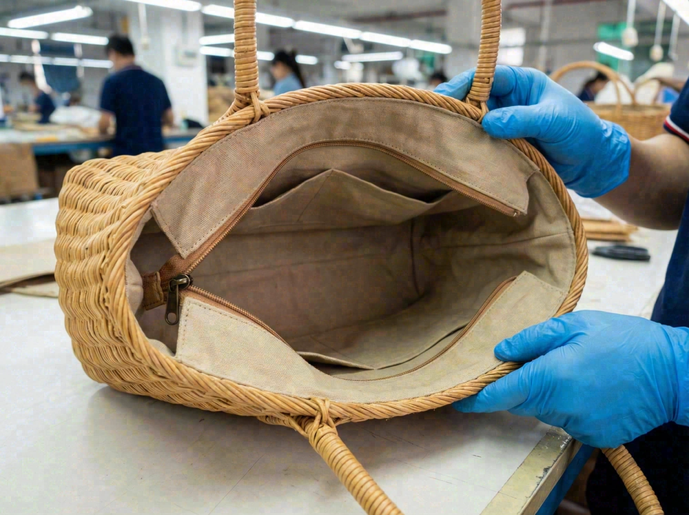 Wicker bag interior with lining, pockets, and zipper closure