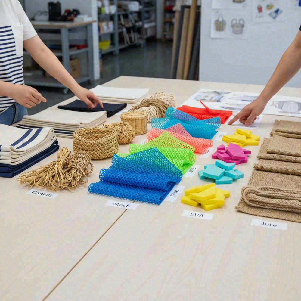 Beach bag materials comparison - canvas, straw, mesh, EVA samples
