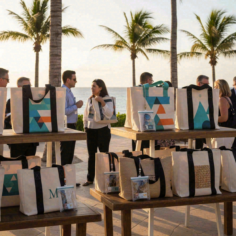 Promotional beach bags at corporate event showing various branding applications