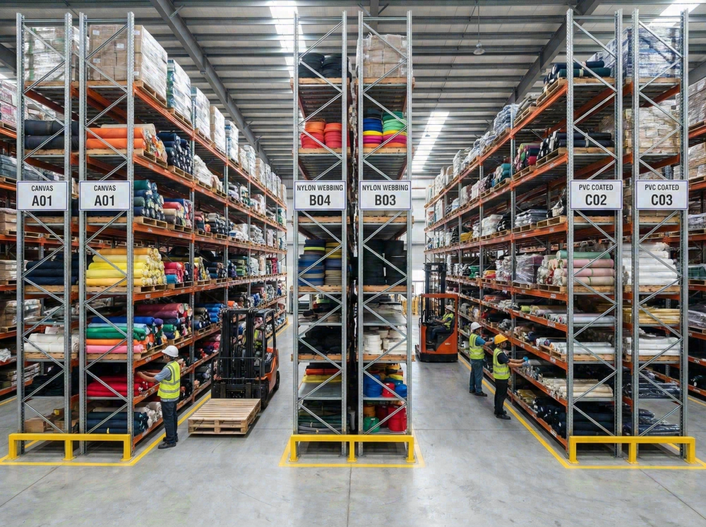 Materials warehouse with labeled racks